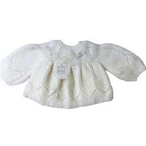 Vintage NOS‎ Baby Sweater Ivory Soft Fuzzy Trim Rosette Back Button 3-6 Months